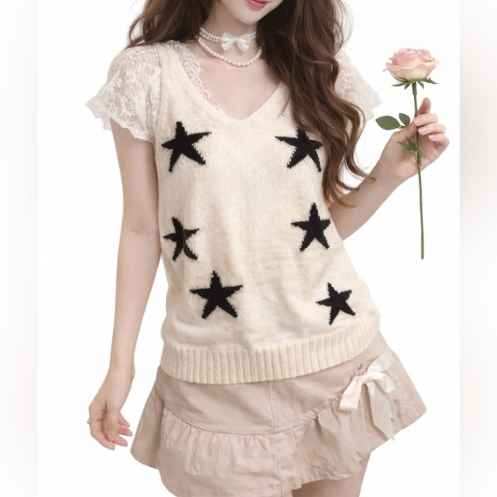 Star Print Knit Sweater Tank Top Cream Black Y2K Coquette Soft Girl (M)